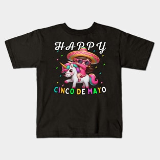 Dabbing girl Dancer on Unicorn Back Happy Cinco de Mayo wearing sunglasses Kids T-Shirt